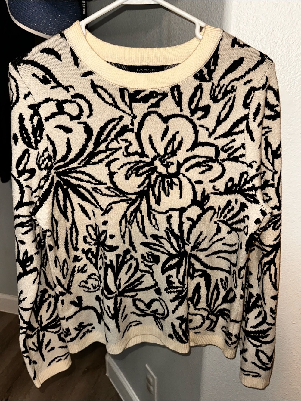 Tahari Cream and Black Floral Crewneck Sweater